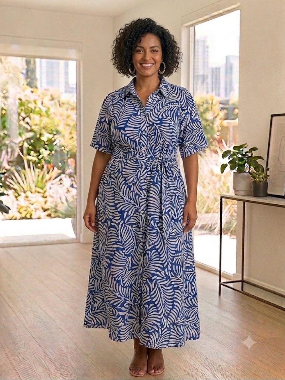 H&M Blue and White Botanical-Print Button-Front Maxi Dress